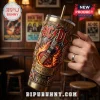 ACDC High Voltage Gold 40oz Stanley Tumbler featuring 3D embossed guitar, flames, and vintage rock band logo artwork.