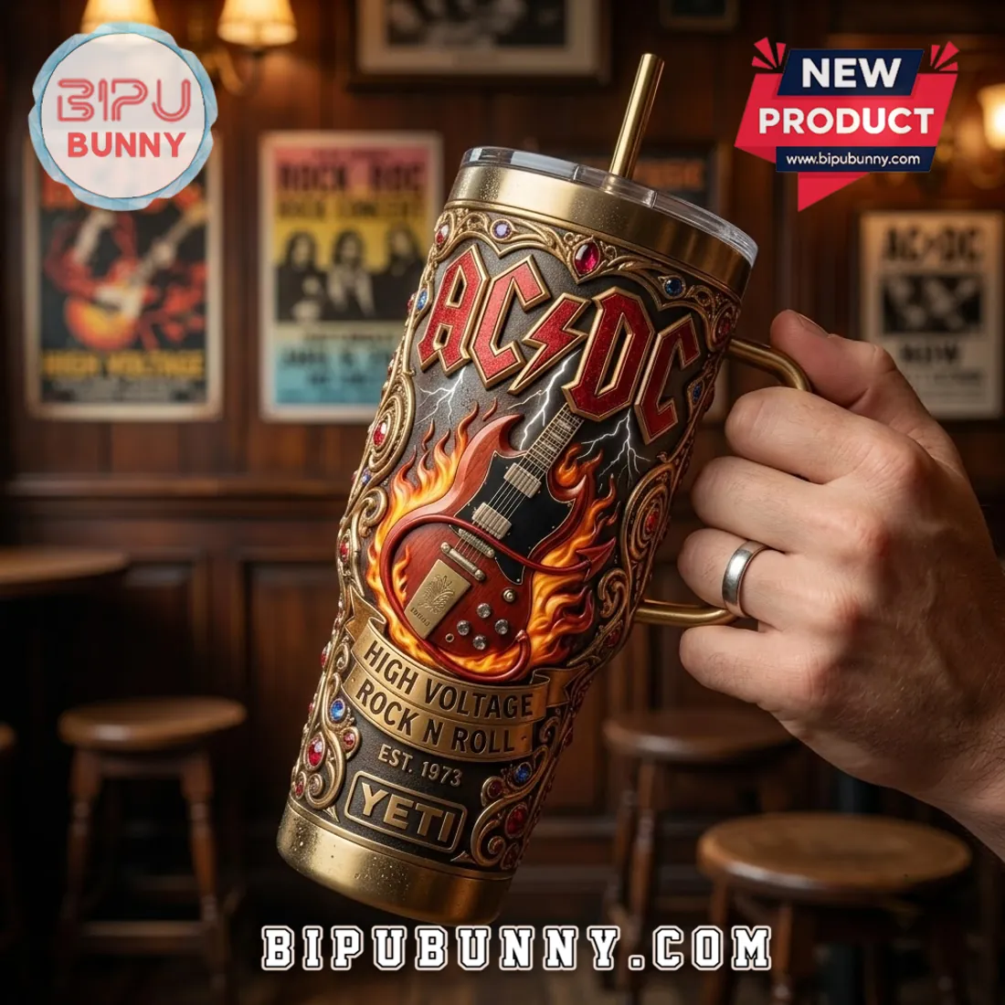 ACDC High Voltage Gold 40oz Stanley Tumbler ACDC High Voltage Gold 40oz Stanley Tumbler