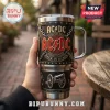 AC/DC High Voltage Stainless Steel Handle Tumbler featuring iconic band logo, chains, and cannon graphic on leather wrap.
