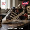Adidas x Chucky Horror Movie Casual Sneakers featuring burlap texture, red stitched accents, and Chucky character graphics.