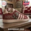 Alabama Crimson Tide Adidas Mascot Casual Sneakers featuring crimson canvas, Big Al mascot graphic, and cream rubber soles.