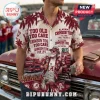 Alabama Crimson Tide NCAA Beer Hawaiian Shirt with palm trees, text graphics, and vintage truck imagery on cream fabric.
