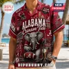 Alabama Crimson Tide NCAA Football Hawaiian shirt in crimson featuring Big Al mascot, Bryant-Denny Stadium, and logos.
