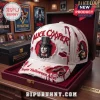 Alice Cooper Keepin Halloween 2026 Distressed Baseball Cap in white featuring bloody graphics, a snake pin, and logo patch.