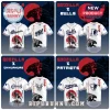 All Team MLB x King of the Monsters Collab Baseball Jersey featuring Godzilla silhouettes on white button-down fabric.
