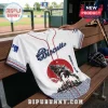 All Team MLB x King of the Monsters Collab Baseball Jersey featuring a Godzilla graphic over a red sun and city skyline.