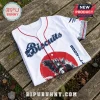 All Team MLB x King of the Monsters Collab Baseball Jersey featuring a Godzilla graphic and red circle on white fabric.