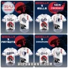 All Team MLB x King of the Monsters Collab Baseball Jersey featuring Godzilla graphics, team logos, and blue wave patterns.