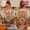 Alpha Kappa Alpha Sorority Frog Mascot Autumn Ugly Sweater featuring pink and green colors, pearl accents, and fall leaves.