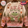 Alpha Kappa Alpha Sorority Frog Mascot Autumn Ugly Sweater in cream and pink featuring embroidery of leaves and a frog.
