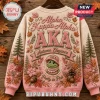 Alpha Kappa Alpha Sorority Frog Mascot Autumn Ugly Sweater in pink featuring floral embroidery, pine trees, and leaf motifs.