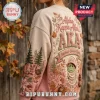 Alpha Kappa Alpha Sorority Frog Mascot Autumn Ugly Sweater in cream and pink featuring embroidered pine trees and leaves.