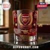 Arsenal FC Premier League Champions embossed whiskey glass in red glass with gold crest, cannon, and stadium engravings.