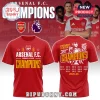 Arsenal FC Premier League Champions red pullover hoodie featuring team crest, championship text, and historical season dates.