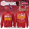 Arsenal FC Premier League Champions red pullover hoodie featuring team crest, trophy icon, and historical title years.