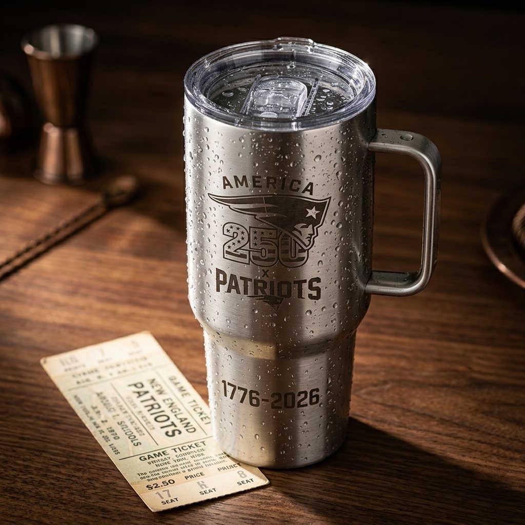 New England Patriots 1776-2026 America 250 Stanley Tumbler close-up detail
