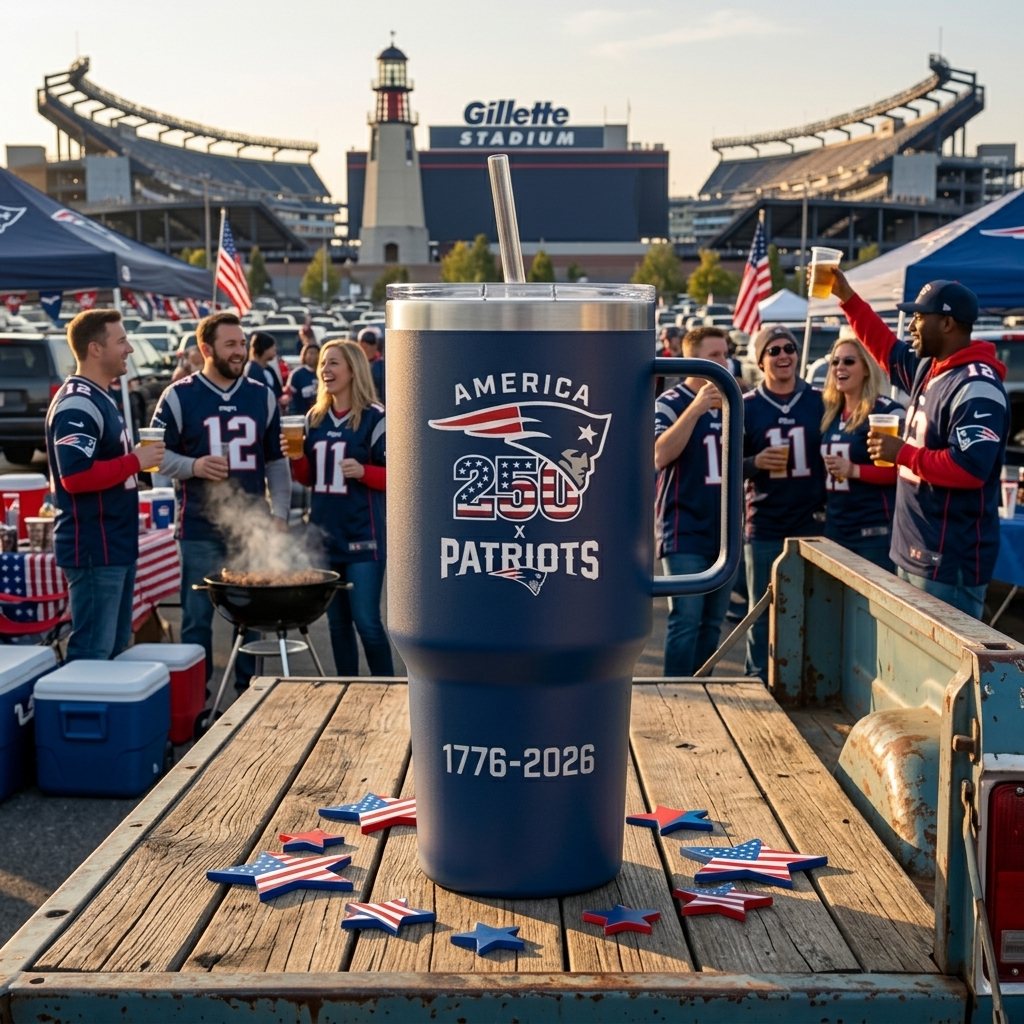 New England Patriots America 250 Stanley Tumbler lifestyle fan setup