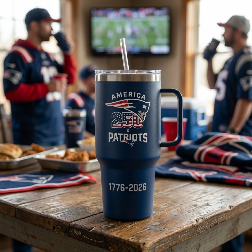 New England Patriots America 250 Stanley Tumbler lifestyle fan setup