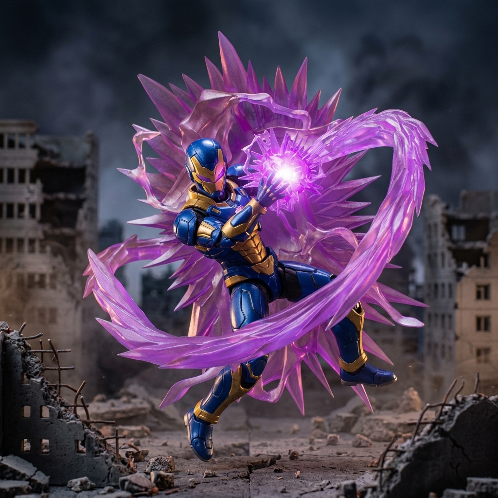 a 1/12 scale superhero action figure in a dynamic combat pose using the purple energy aura beam blast effect set against a ruined city diorama