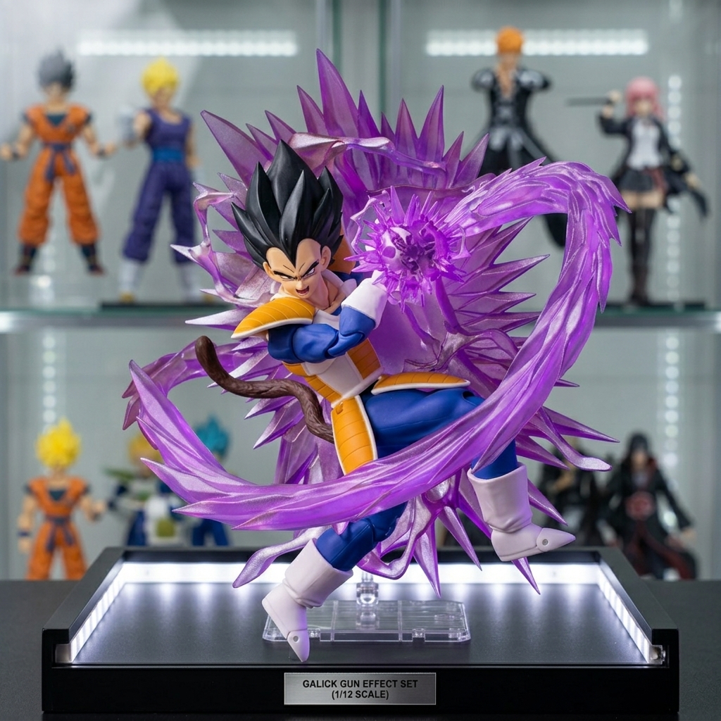 the purple energy aura beam blast effect set surrounding a 1/12 scale anime action figure on a sleek collector's display shelf