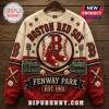Boston Red Sox Fenway Park Heritage Ugly Sweater featuring red and beige knit pattern with stadium scoreboard and logos.