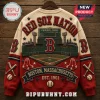 Boston Red Sox Fenway Park Heritage Ugly Sweater features stadium graphics, team logos, and text on a red and beige knit.