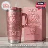 Breast Cancer Awareness 2026 YETI Stanley tumbler in metallic rose gold with etched ribbon, butterfly, and text design.