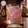 Breast Cancer Awareness Custom Name Whiskey Glass featuring a pink ribbon, angel wings, and gold-toned decorative frame.