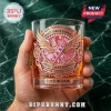 Breast Cancer Awareness Custom Name Whiskey Glass featuring a pink ribbon, angel wings, and rose gold floral accents.