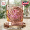 Breast Cancer Awareness Custom Name Whiskey Glass featuring a pink ribbon, angel wings, roses, and jeweled accents.