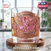 Breast Cancer Awareness Custom Name Whiskey Glass featuring a pink ribbon, angel wings, and rose gold accents on clear glass.