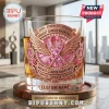 Breast Cancer Awareness Custom Name Whiskey Glass featuring a pink ribbon, angel wings, and floral accents on clear glass.