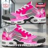 Breast Cancer Awareness Pink Butterfly Custom Air Max Plus with vibrant pink mesh, white swooshes, and ribbon graphics.