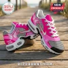 Breast Cancer Awareness Pink Butterfly Custom Air Max Plus sneakers featuring white mesh, pink accents, and ribbon graphics.