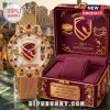 Brisbane Broncos 38th Anniversary Gold Mesh Watch featuring a maroon and gold logo, pearl dial, and ornate presentation box.