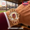 Brisbane Broncos 38th Anniversary Gold Mesh Watch featuring a mother-of-pearl face, team logo, and gemstone bezel accents.