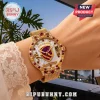 Brisbane Broncos 38th Anniversary Gold Mesh Watch featuring a mother-of-pearl dial, ruby accents, and a Broncos team logo.