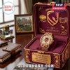 Brisbane Broncos 38th Anniversary Gold Mesh Watch housed in a burgundy velvet-lined commemorative display box.