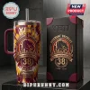 Brisbane Broncos 38th Anniversary Tie Dye Stanley Tumbler with gold horse logo and Lang Park stadium graphic on a cup.
