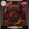 Brisbane Broncos 38th Anniversary Tie Dye T-Shirt with distressed fabric, team horse logo, and maroon and gold colors.