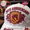 Brisbane Broncos 38th Anniversary White Distressed Baseball Cap featuring a maroon team logo and textured ripped detail.