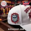 Brisbane Broncos 38th Anniversary white distressed baseball cap featuring a stitched NRL logo and frayed fabric details.