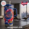 Buffalo Bills 1960-2026 Anniversary Edition Stanley Tumbler featuring red, white, and blue tie-dye with team logo and stadium.
