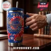 Buffalo Bills 1960-2026 Anniversary Edition Stanley Tumbler featuring a red, white, and blue tie-dye design with team logo.