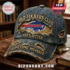 Buffalo Bills Distressed Denim Baseball Cap with Old Fuckers Club embroidery, fraying details, and a dark wash finish.