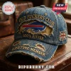 Buffalo Bills Distressed Denim Baseball Cap with vintage frayed edges, embroidered patches, and bold text on blue fabric.