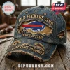 Buffalo Bills Distressed Denim Baseball Cap with Old Fuckers Club 100% Bitter embroidery on a vintage worn fabric texture.