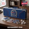 Buffalo Bills Embossed 300-Piece Poker Set in a blue leather case with logo, playing cards, colored chips, and dice.