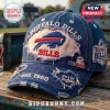 Buffalo Bills Est 1960 Patch Distressed Baseball Cap in blue denim featuring frayed edges, team logos, and Bills Mafia text.