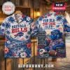 Buffalo Bills Too Old Too Care Club Hawaiian shirt featuring red hibiscus, palm trees, and a blue mascot holding a drink.